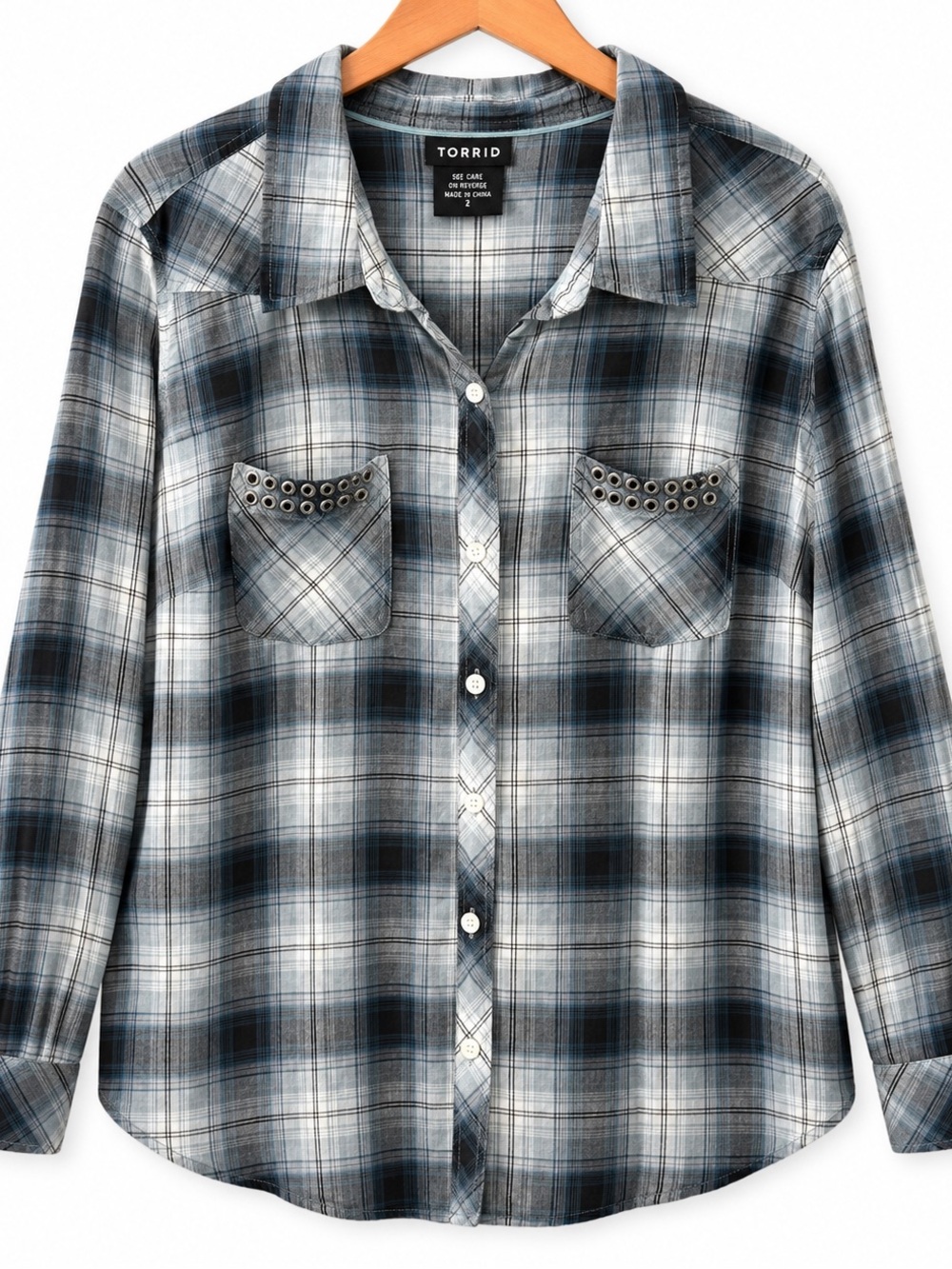 Torrid Plaid Button Down Shirt Grommet Pocket Blue Gray Size 2